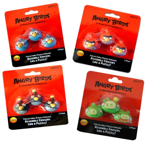 Angry Birds 'Assemble' Red, Blue, Black, Green Assorted 3 Pack Eraser Set Stationery