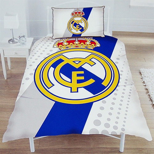 Real Madrid Fc Stripe Crest Football Panel Official Single Bed Duvet Quilt Cover Set