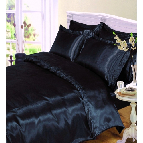 Satin Black Plain Bedding Double Duvet Cover Set