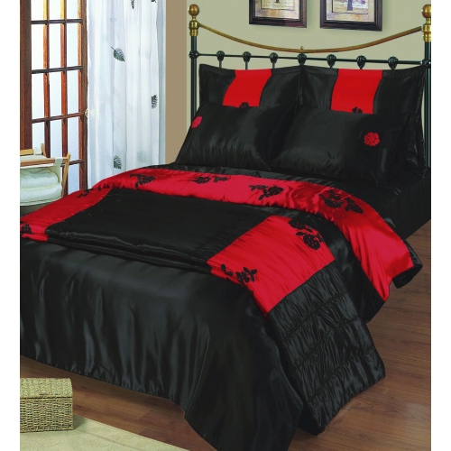 Embroidered Satin Black Red Bedding Double Duvet Cover Set