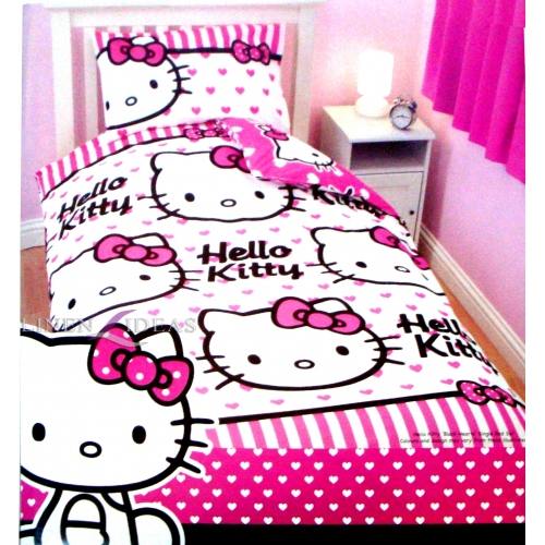 Hello Kitty 'Stripe Hearts' Rotary Single Bed Duvet Quilt Cover Set
