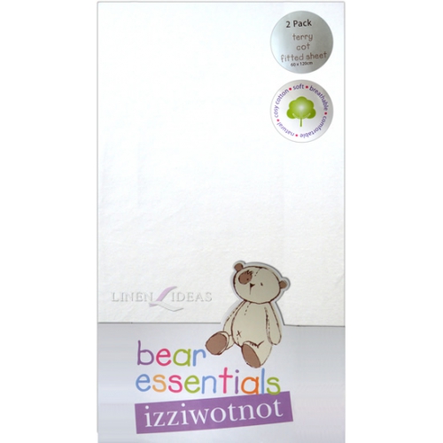Izziwotnot Bear Essentials Terry Cot Fitted Sheet 2 Pack White