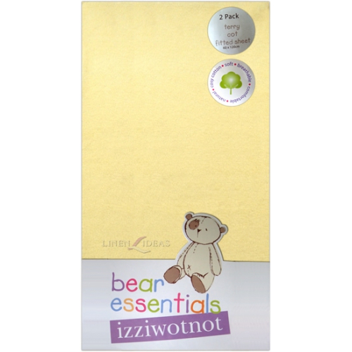 Izziwotnot Bear Essentials Terry Cot Fitted Sheet 2 Pack Lemon