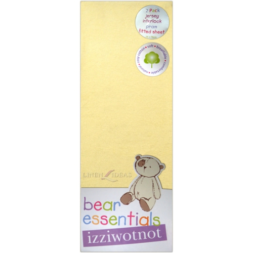 Izziwotnot Bear Essentials Jersey Interlock Pram Fitted Sheet 2 Pack Lemon