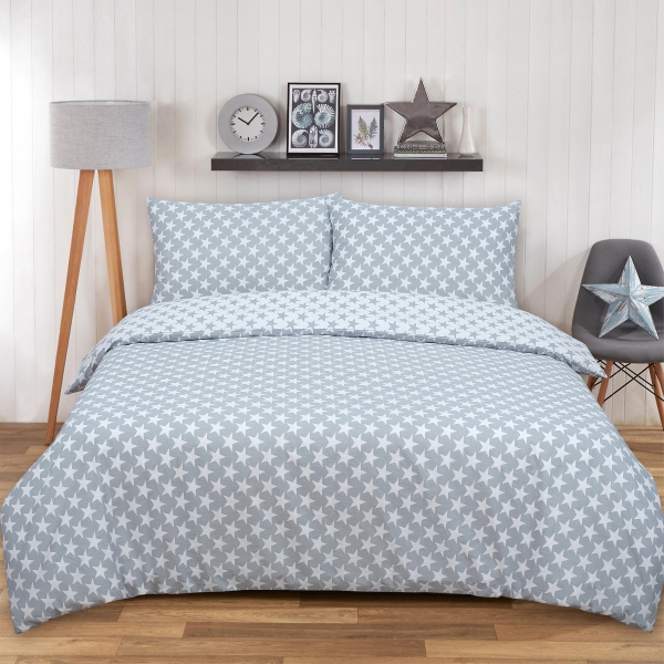 Stars Grey Reversible Rotary Single Bed Duvet Quilt Cover Set