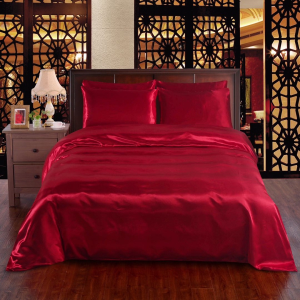 Red 4pc Satin Panel Single Bed Duvet Quilt Cover Set