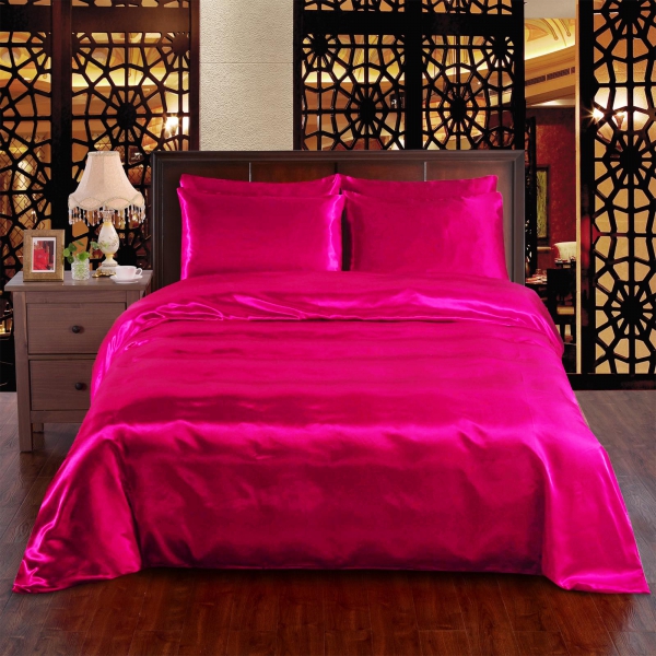Fuchsia Pink 6pc Satin Panel Double Bed Duvet Quilt Cover Set