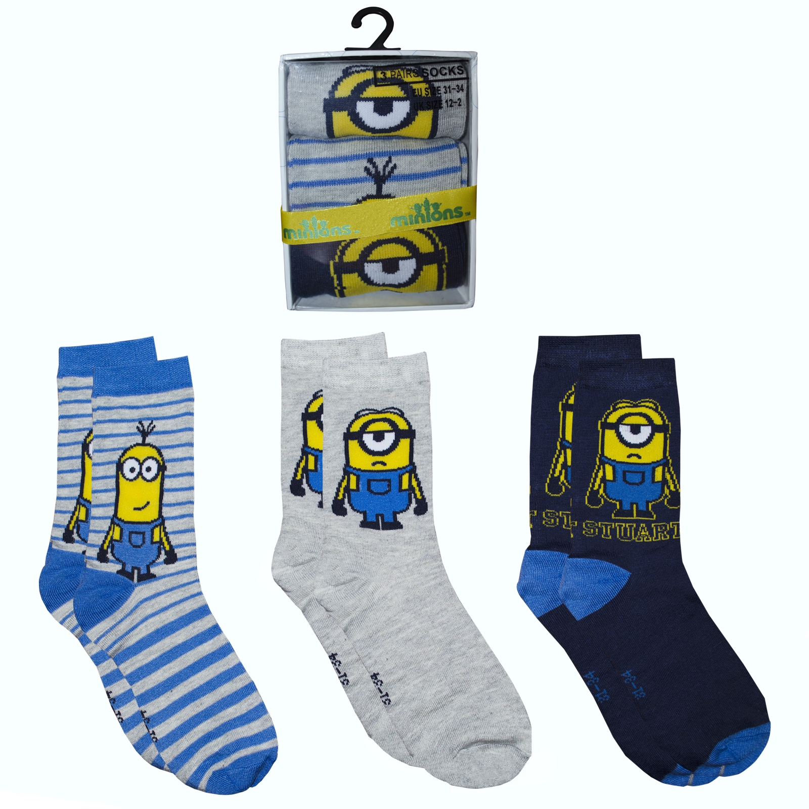 Minion 3 Pk Socks 12 Kids- 2 Size