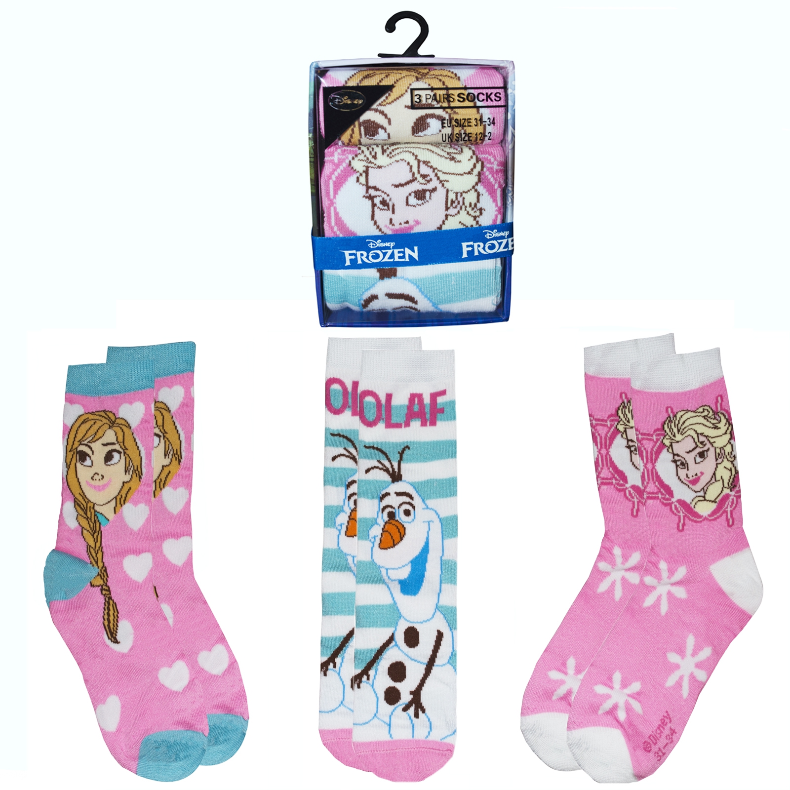 Disney Frozen 3 Pk Socks 12 Kids - 2 Size