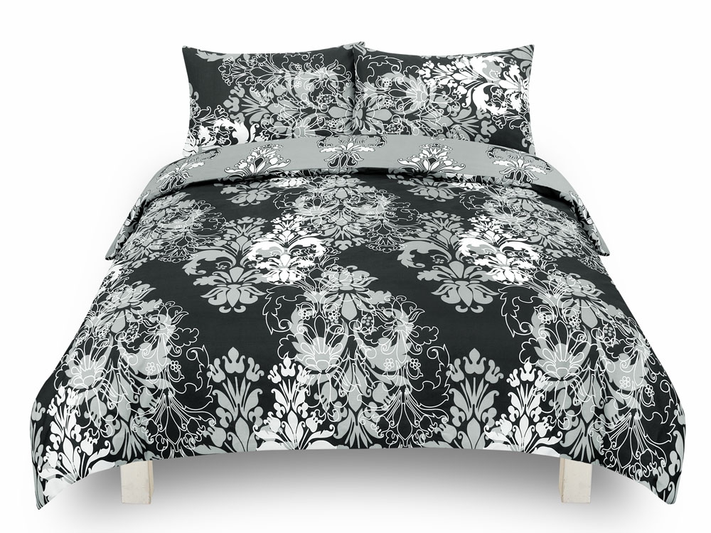 Damask Floral 'Black' Reversible Rotary King Bed Duvet Quilt Cover Set