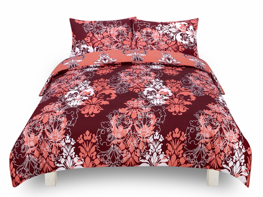 Damask Floral 'Maroon' Reversible Rotary King Bed Duvet Quilt Cover Set