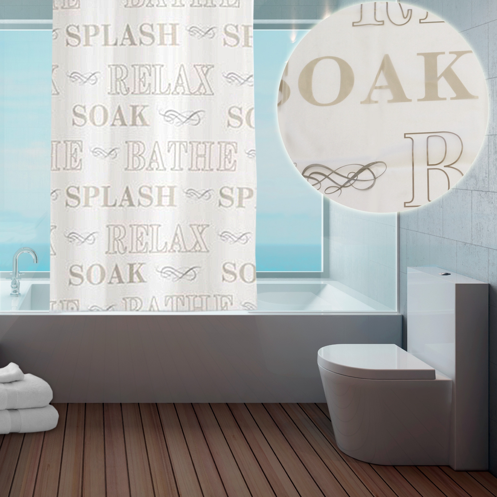 'Soak Splash Relax' with Hook Shower Curtain