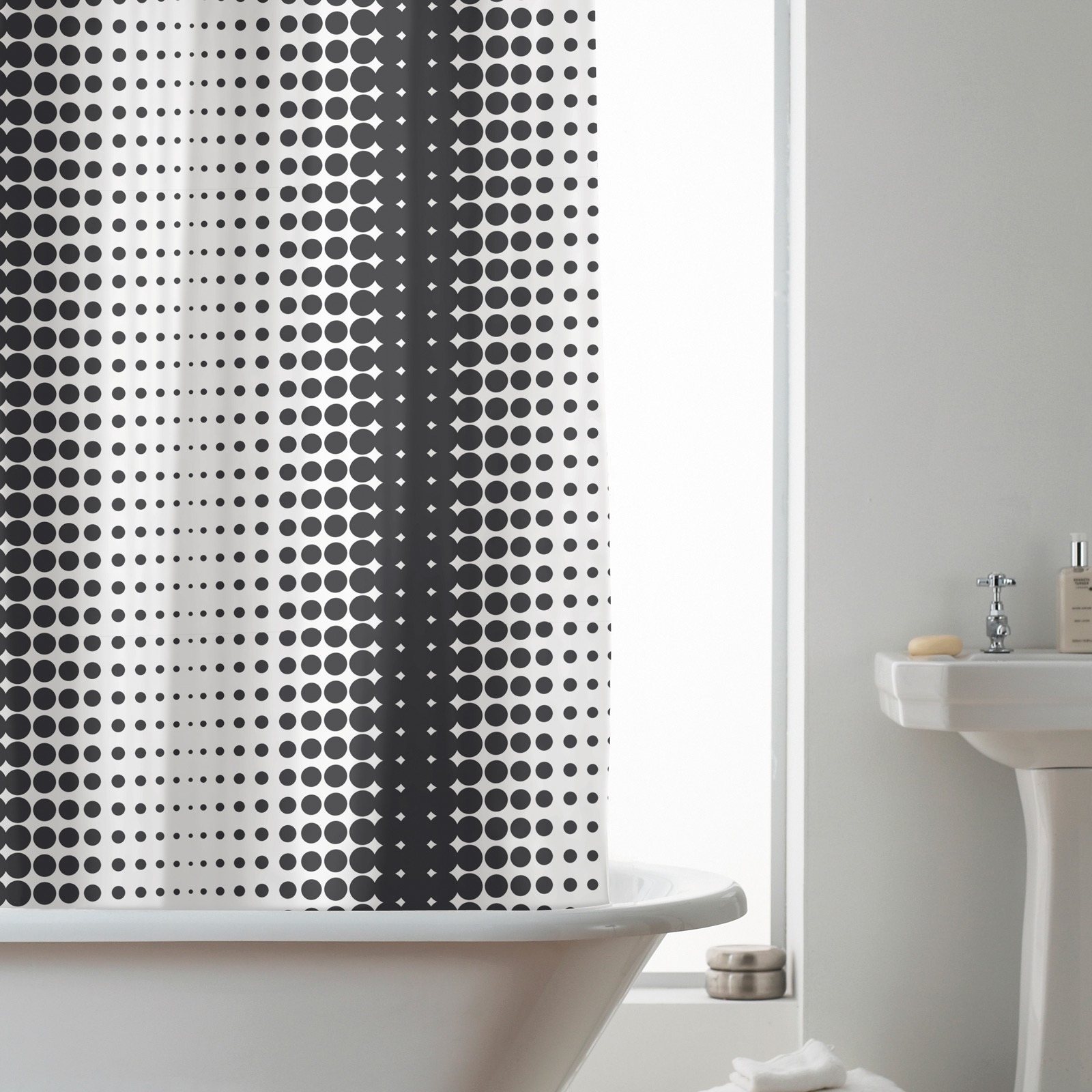 'Halftone' White Black Hookless Without Hook Shower Curtain