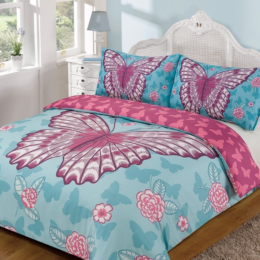 Butterfly 'Blue Multi' Reversible Panel Double Bed Duvet Quilt Cover Set