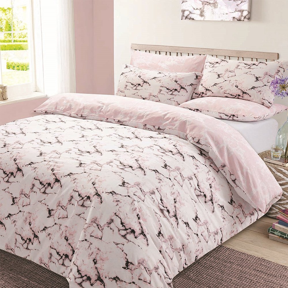 Marble 'Pink' Reversible Rotary Single Bed Duvet Quilt Cover Set