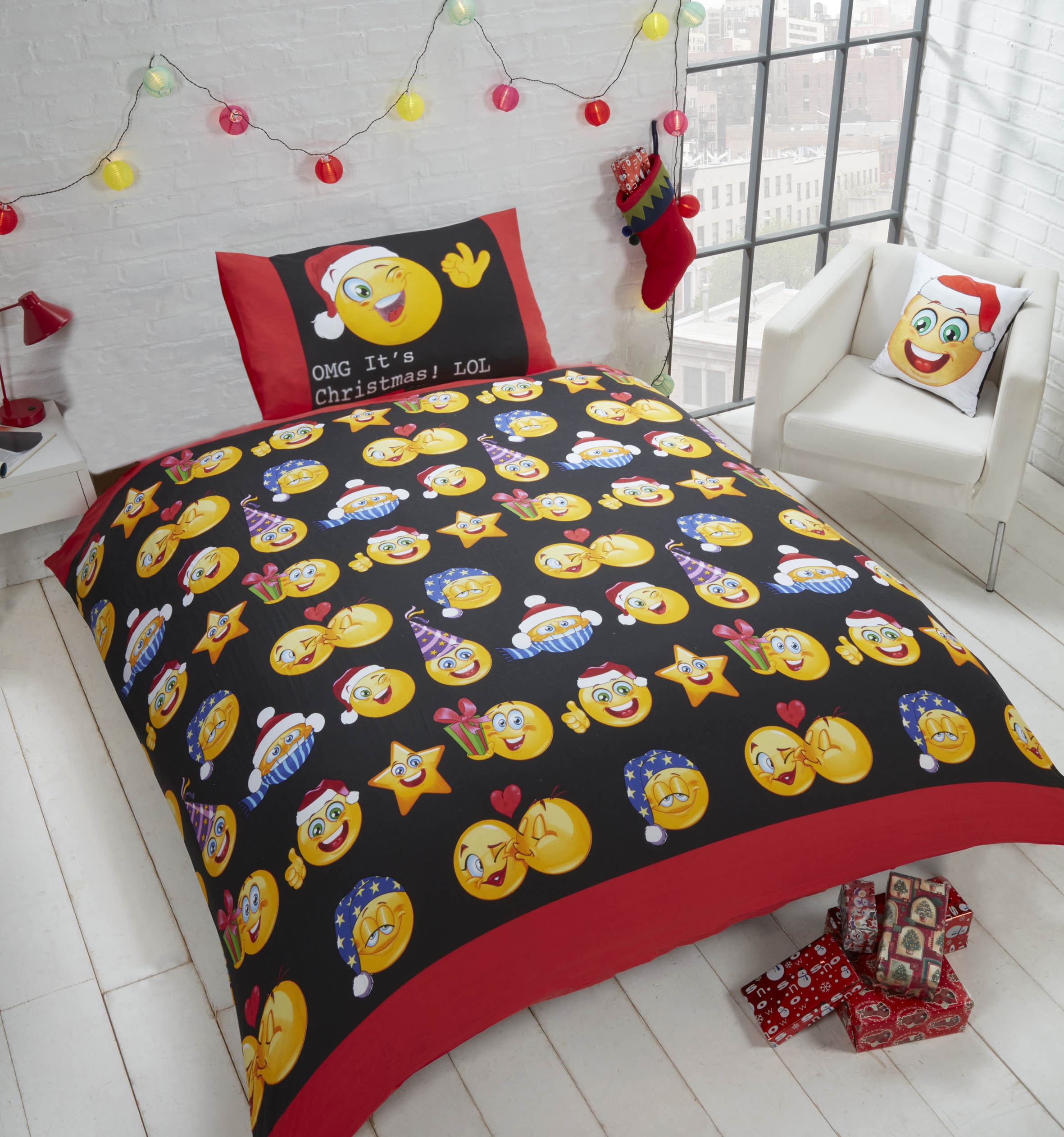 Emotions Emoticons 'Christmas Icons' Multi Reversible Rotary Single Bed Duvet Quilt Cover Set