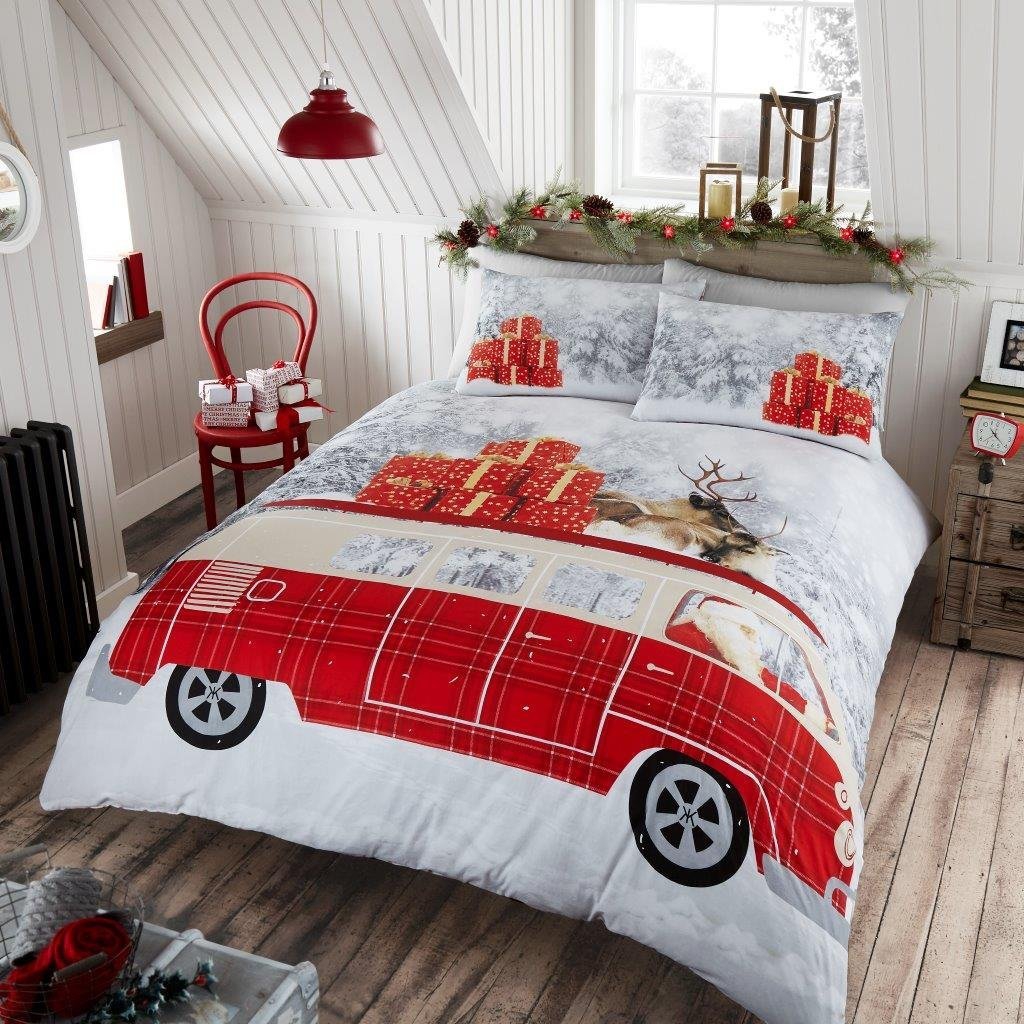 Santa'S Campervan ' Christmas' Panel Double Bed Duvet Quilt Cover Set