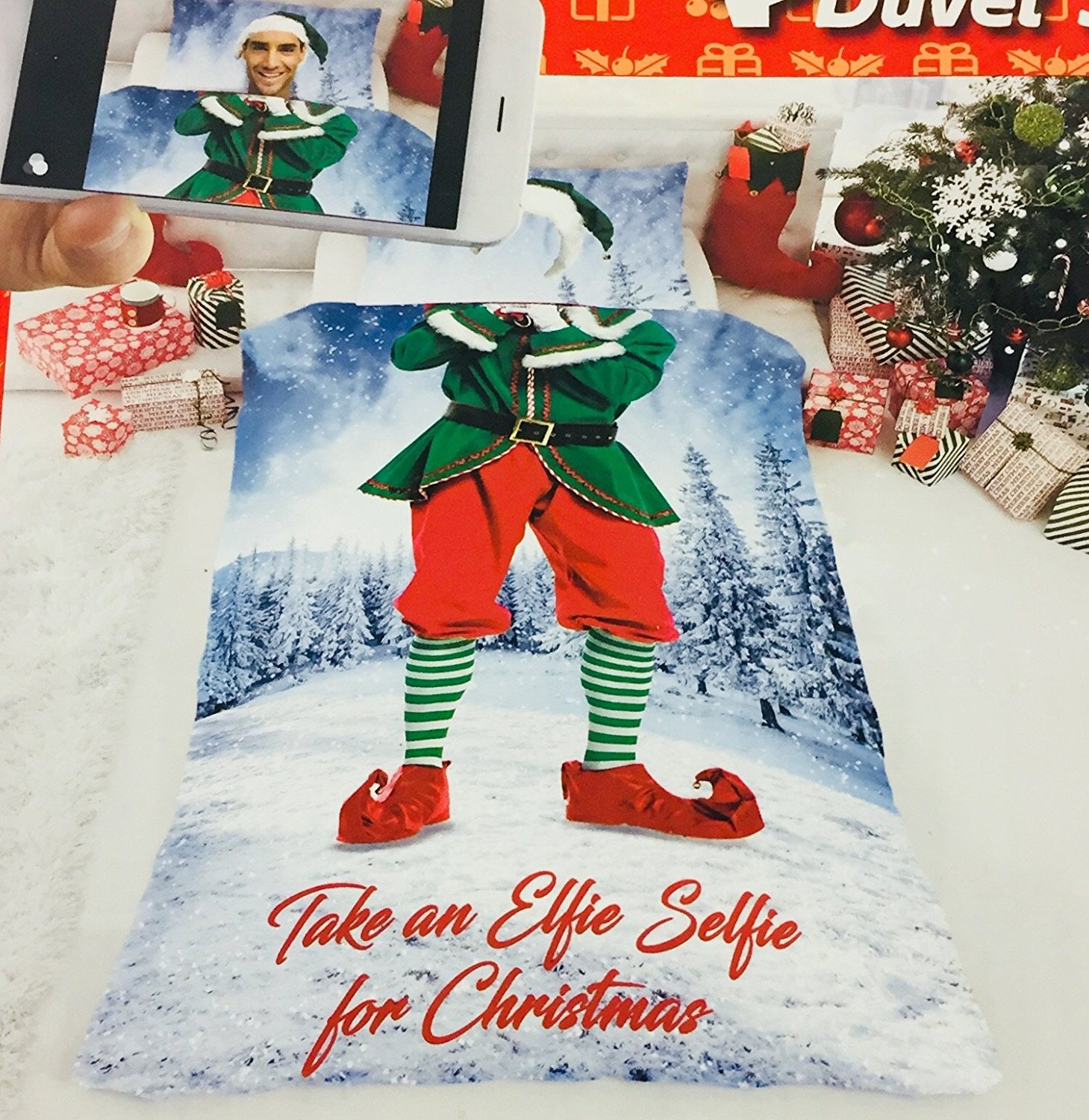 Take an Elfie Selfie For 'Christmas' Panel Single Bed Duvet Quilt Cover Set
