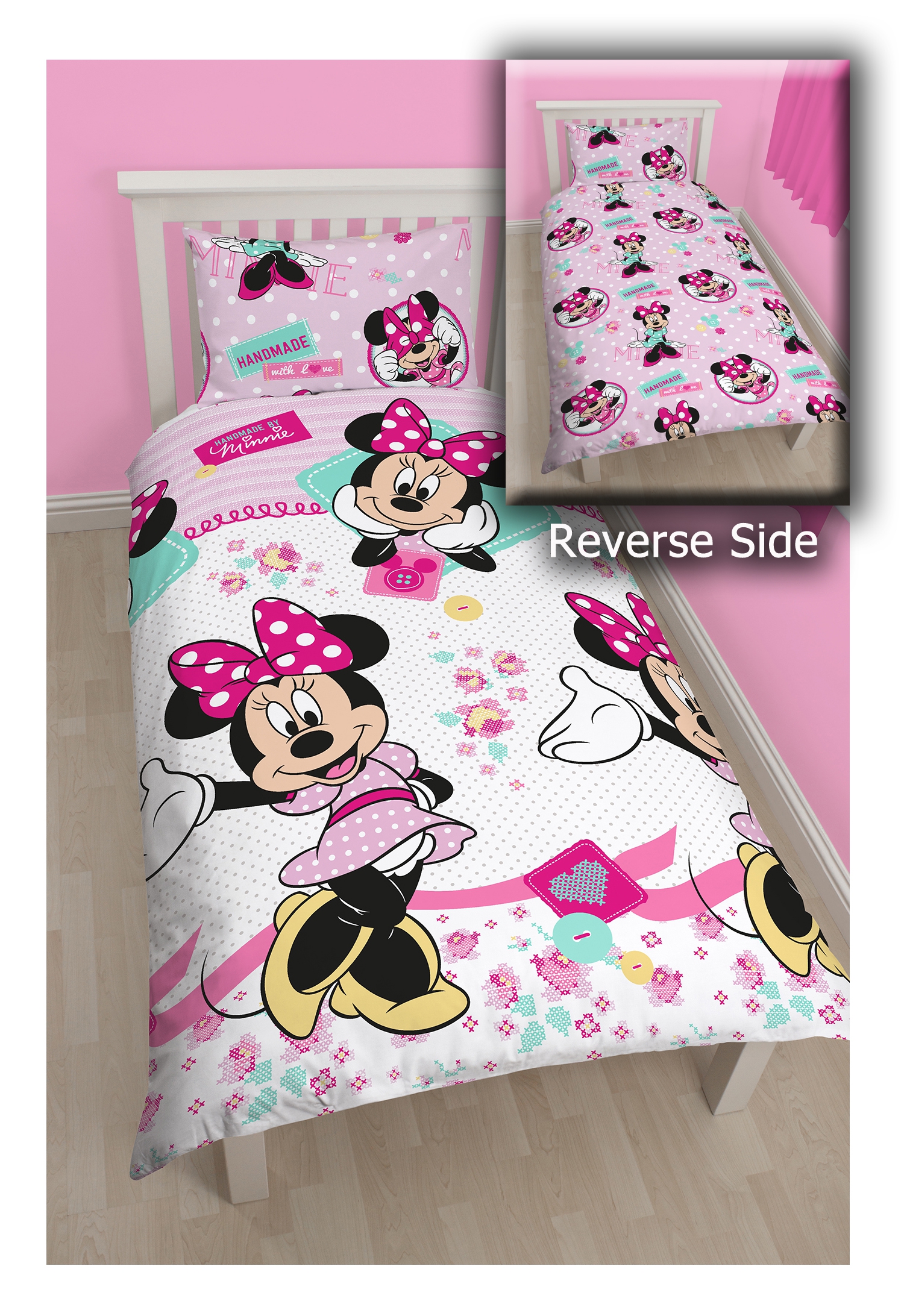 Disney Minnie Mouse 'Handmade' Reversible Rotary Single Bed Duvet Quilt Cover Set