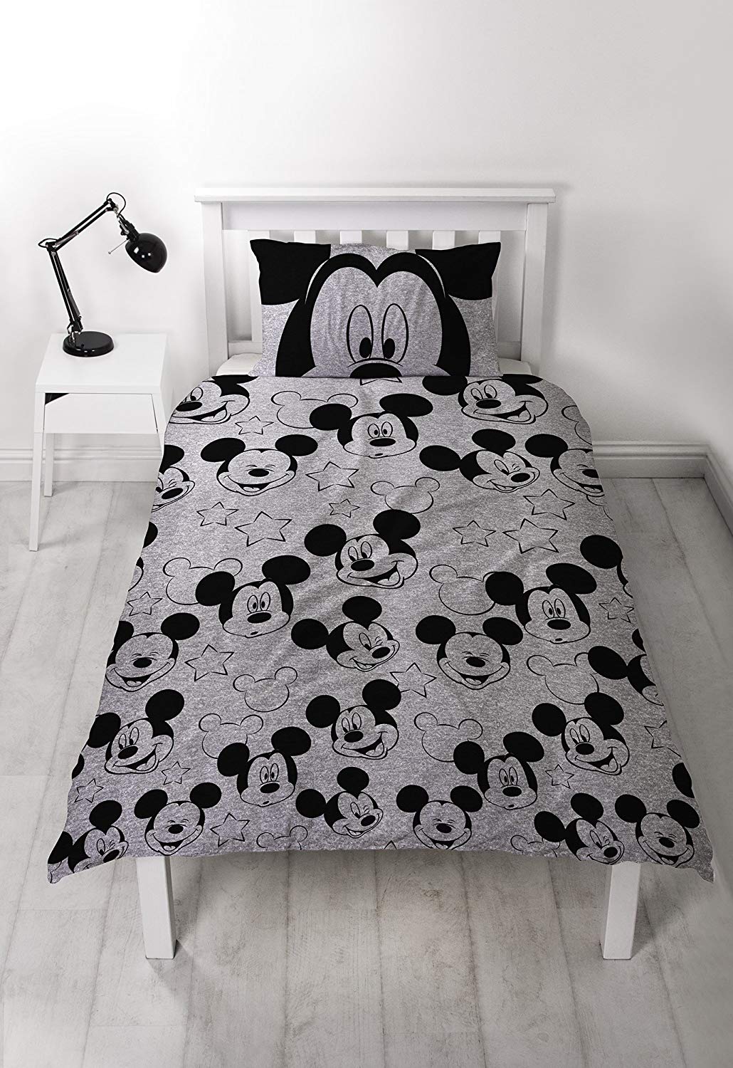 Disney Mickey Mouse Grey & White Stars Silhouette Rotary Single Bed Duvet Quilt Cover Set