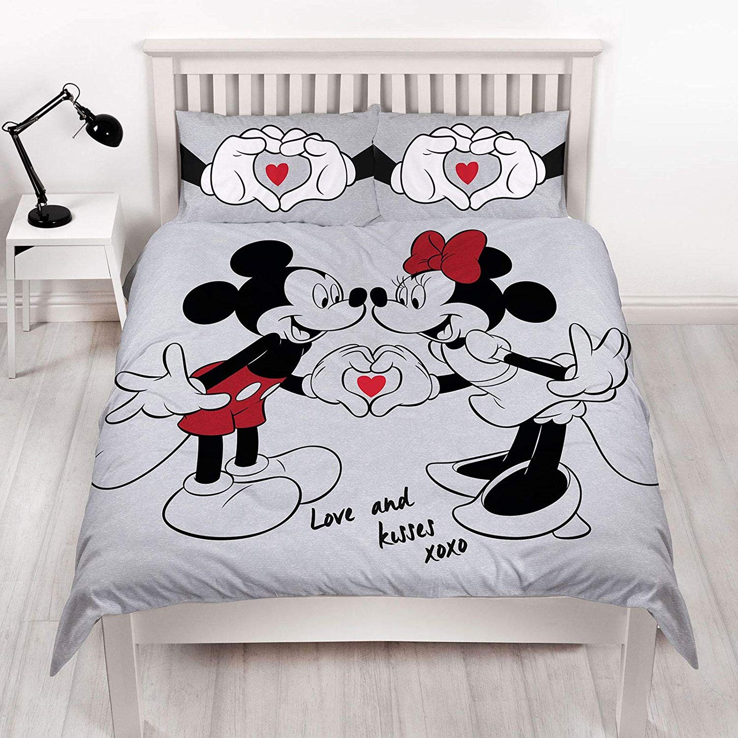 Mickey & Minnie Mouse Heart Love and Kisses Xoxo Reversible Grey Panel Double Bed Duvet Quilt Cover