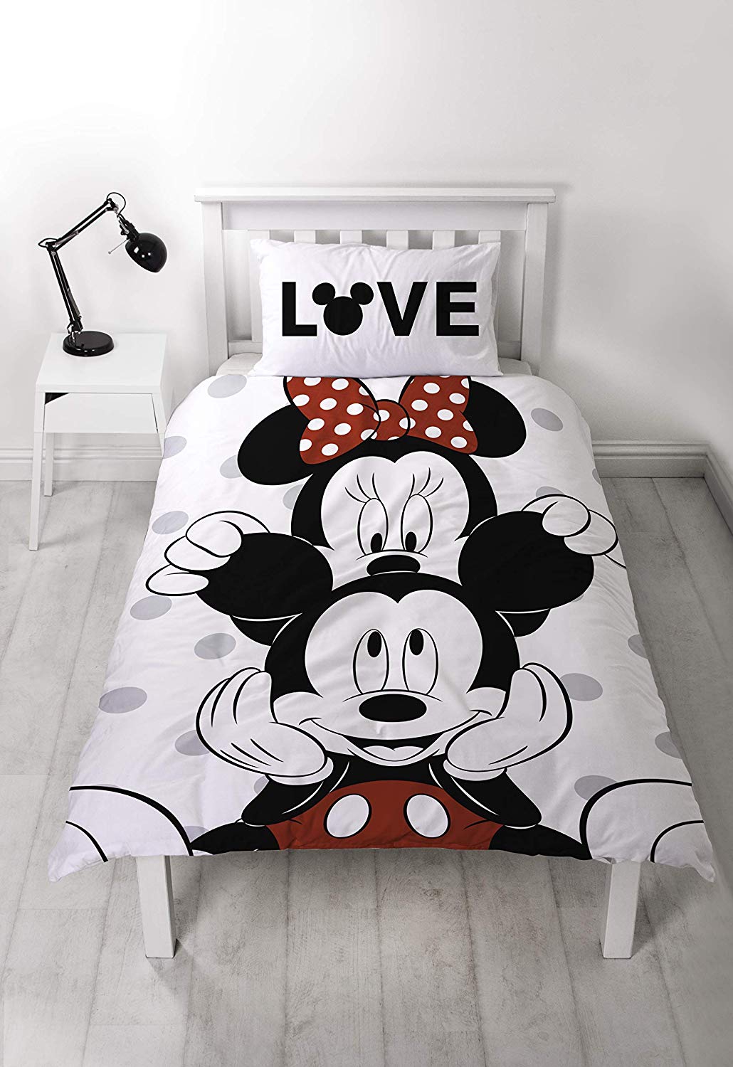 Disney Mickey & Minnie Mouse Polka Dot Reversible Two Sided Grey White Panel Single Bed Duvet Quilt