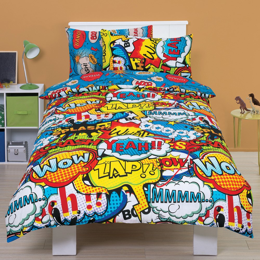 Comic 'Bang' Blue Reversible Rotary Single Bed Duvet Quilt Cover Set ...