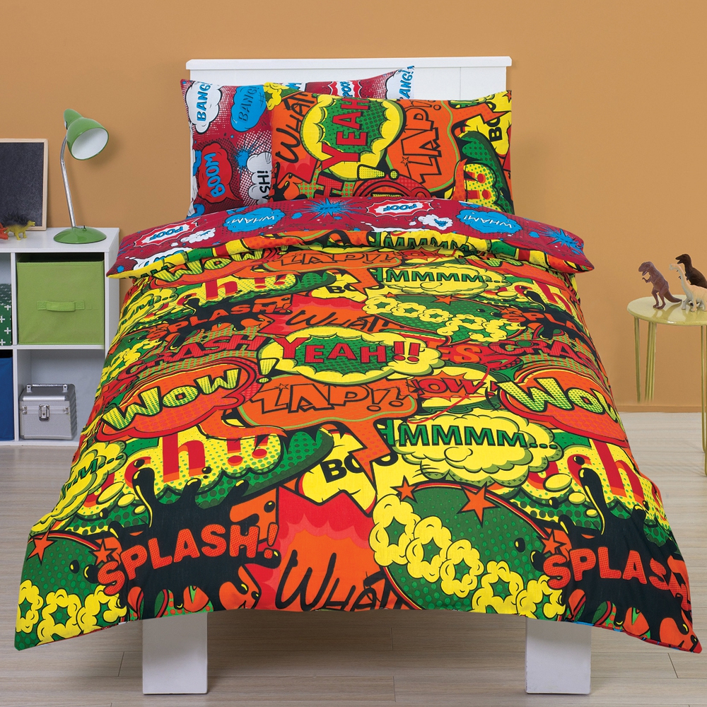 Comic 'Bang' Red Reversible Rotary Single Bed Duvet Quilt Cover Set
