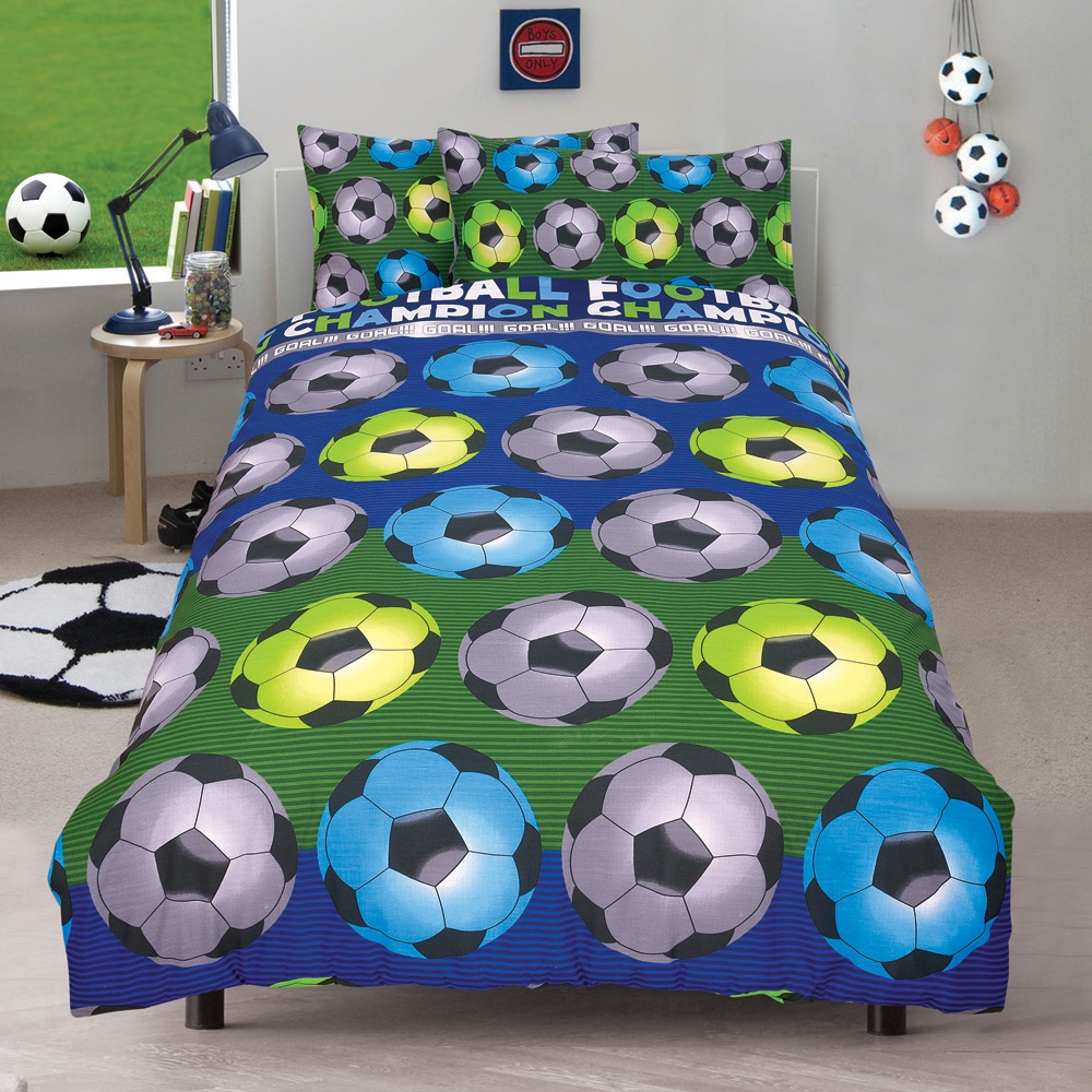 Football 'Champion' Blue Reversible Fc Rotary Single Bed Duvet Quilt Cover Set