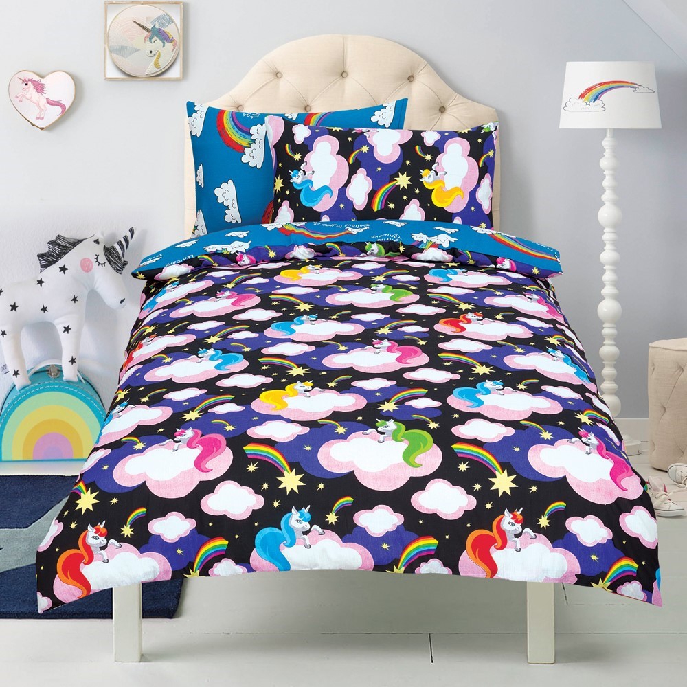Unicorn 'Believe In Your Dreams' Black Reversible Rotary Single Bed Duvet Quilt Cover Set