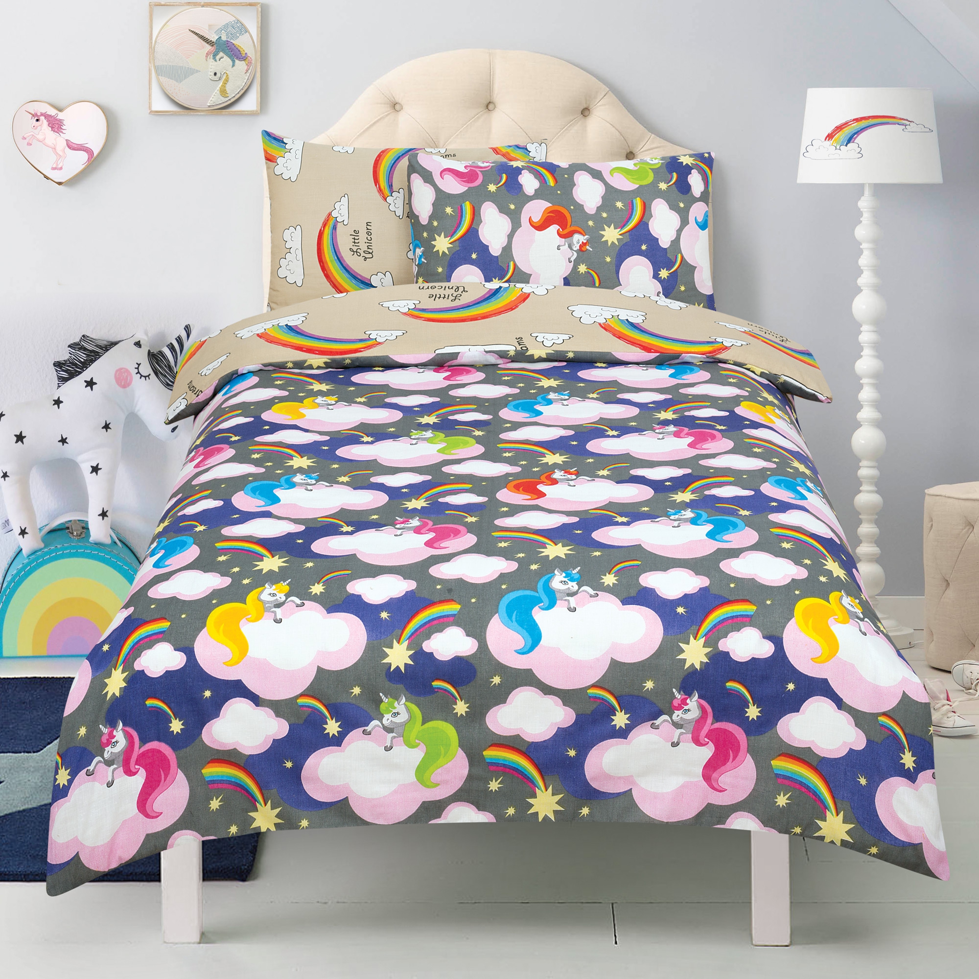 Unicorn 'Believe In Your Dreams' Charcoal Reversible Rotary Single Bed Duvet Quilt Cover Set