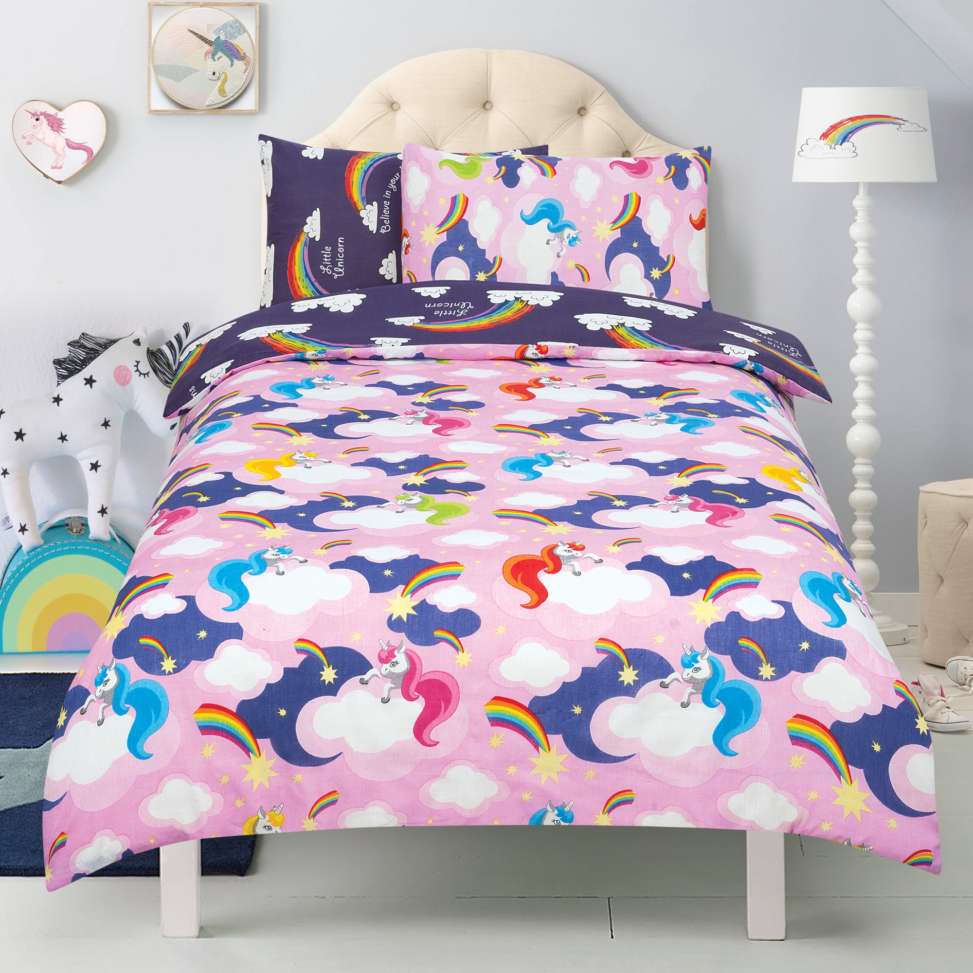 Unicorn 'Believe In Your Dreams' Baby Pink Reversible Purple Rotary Single Bed Duvet Quilt Cover Se