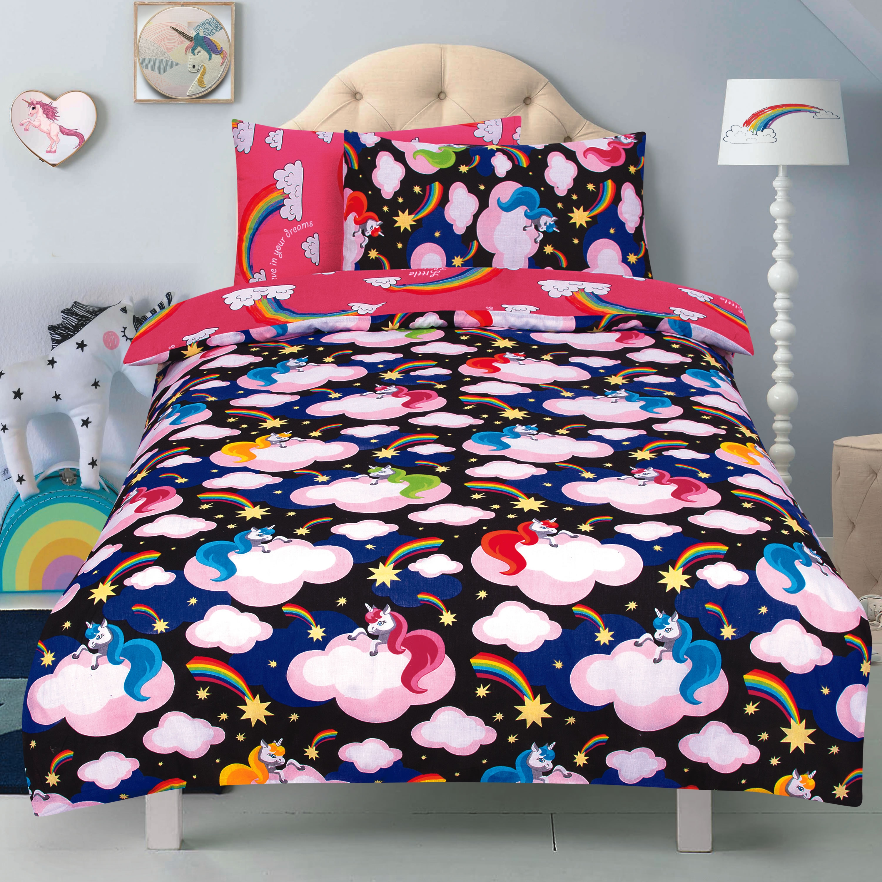 Unicorn 'Believe In Your Dreams' Black Reversible Pink Rotary Double Bed Duvet Quilt Cover Set