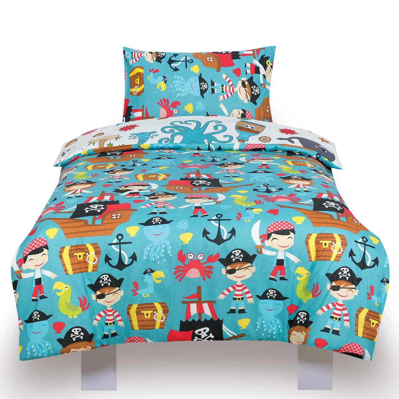 Pirates Ahoy Kids Two Sided Design Reversible Rotary Single Bed Duvet Quilt Cover Set