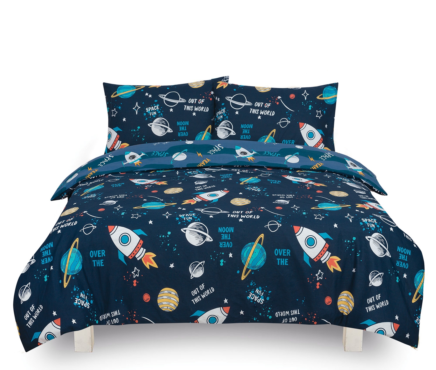 Space 'Out of This World' Kids Two Sided Design Reversible Rotary Double Bed Duvet Quilt Cover Set