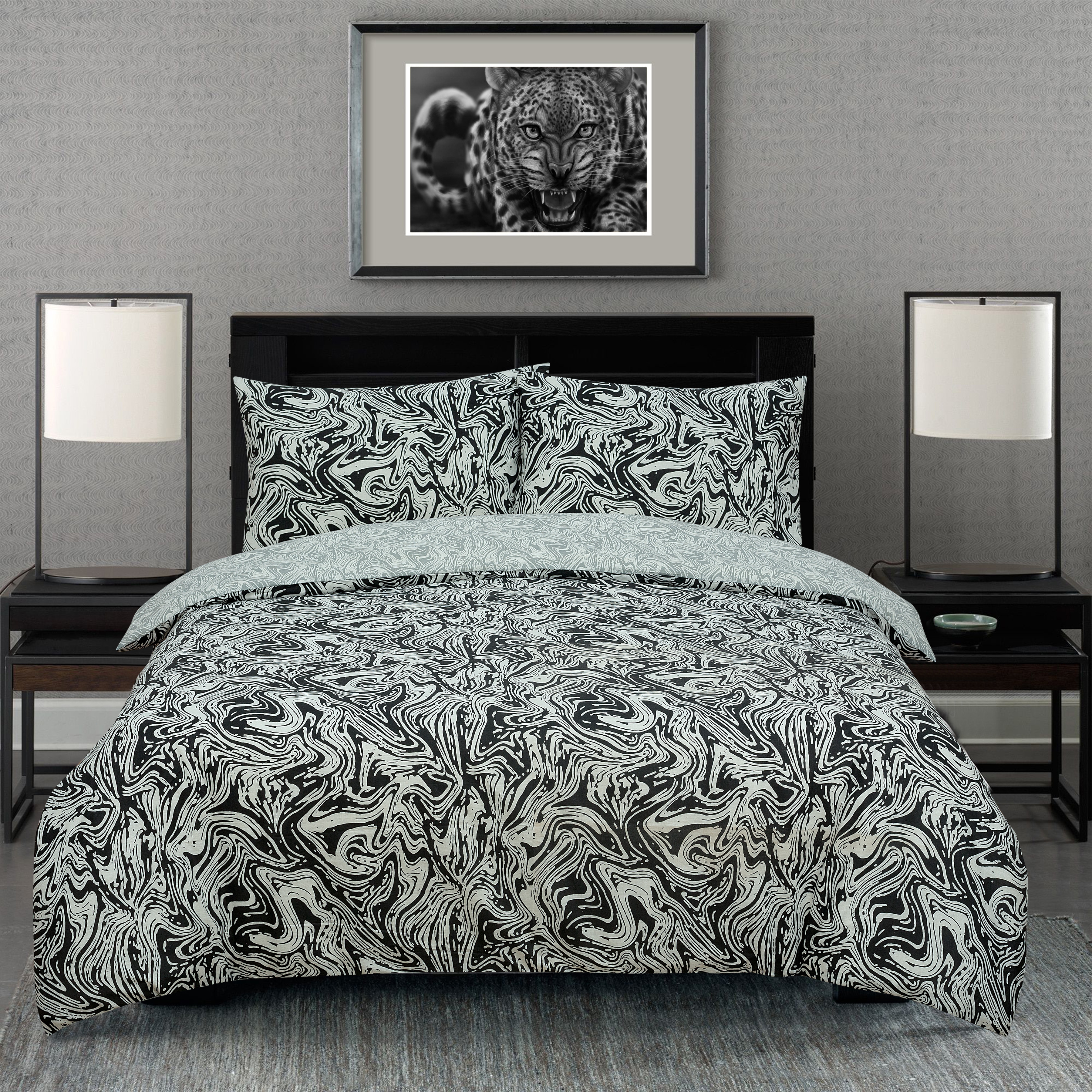 Marble Black Reversible Rotary Double Bed Duvet Quilt Cover Set