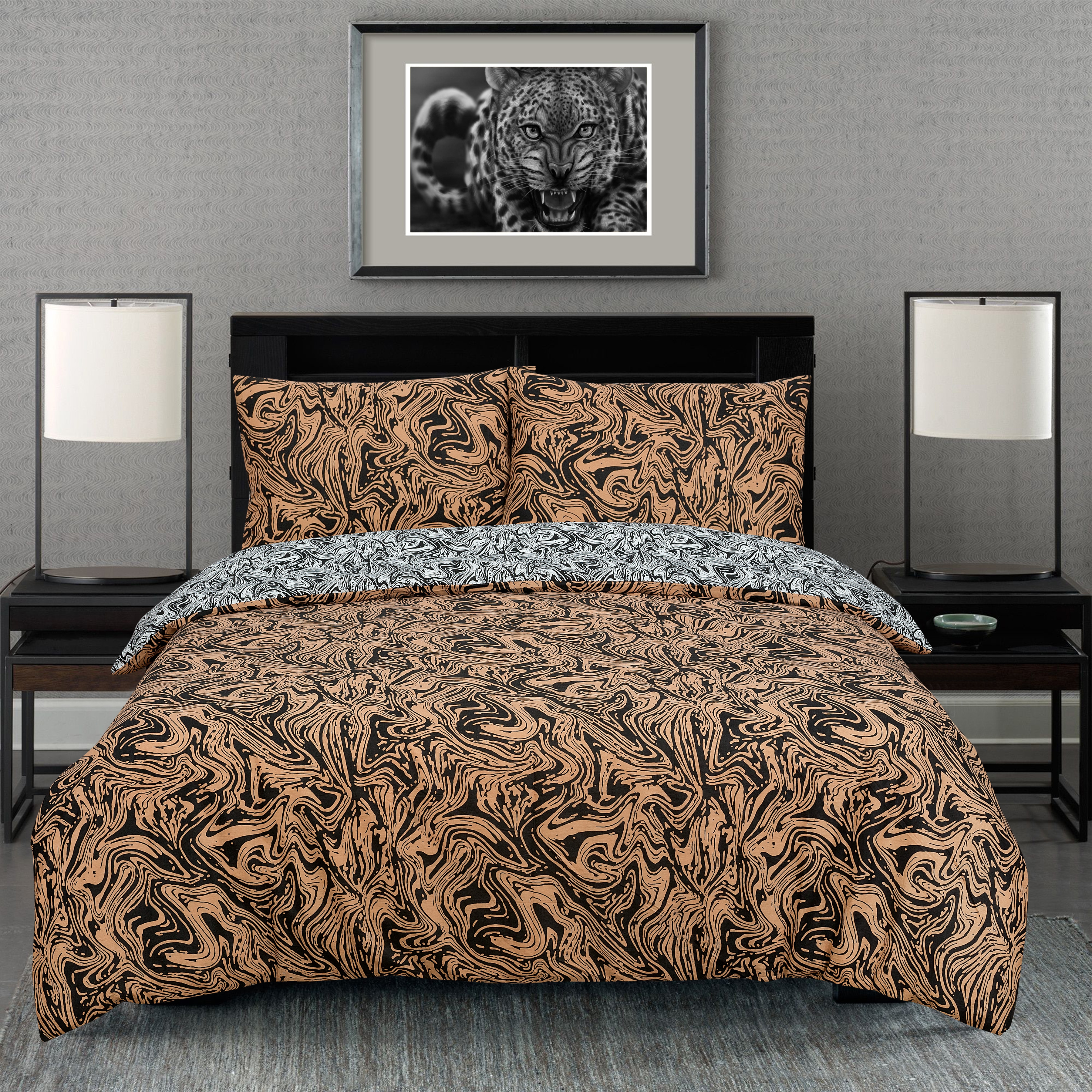 Marble Brown Reversible Rotary Double Bed Duvet Quilt Cover Set