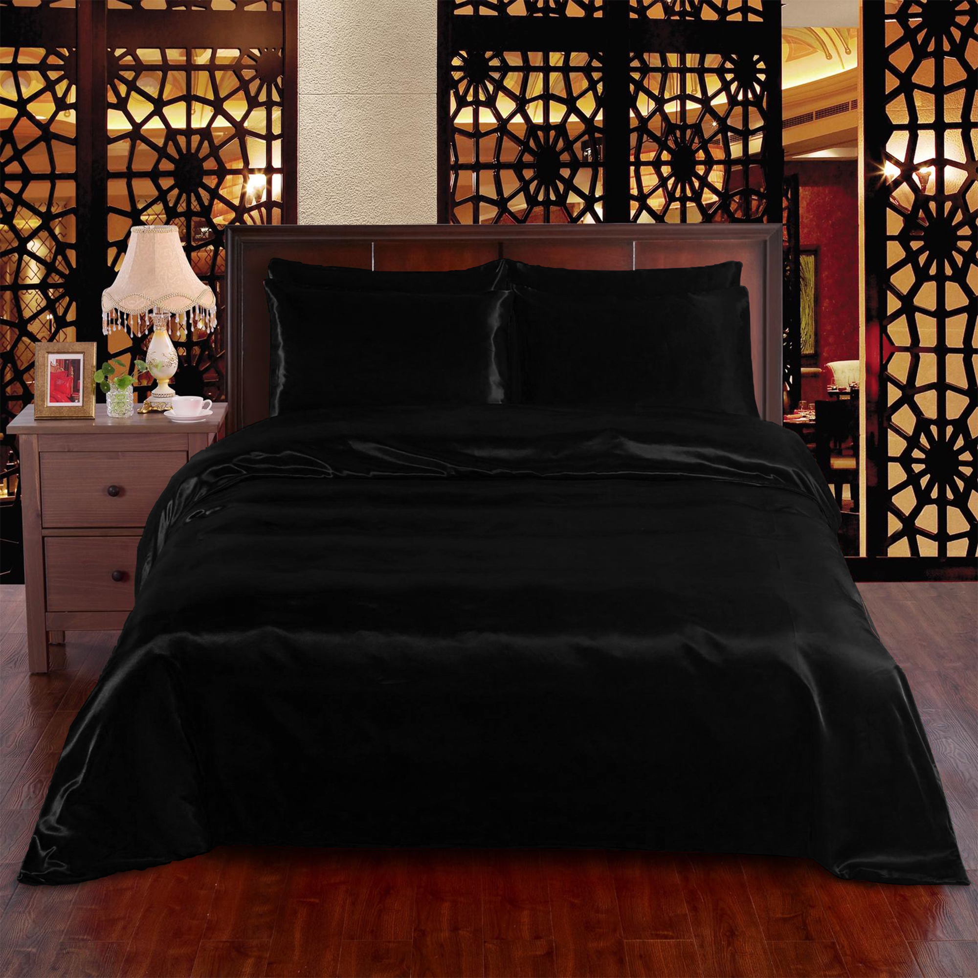 Black 6pc Satin Panel Super King Bed Duvet Quilt Cover Set