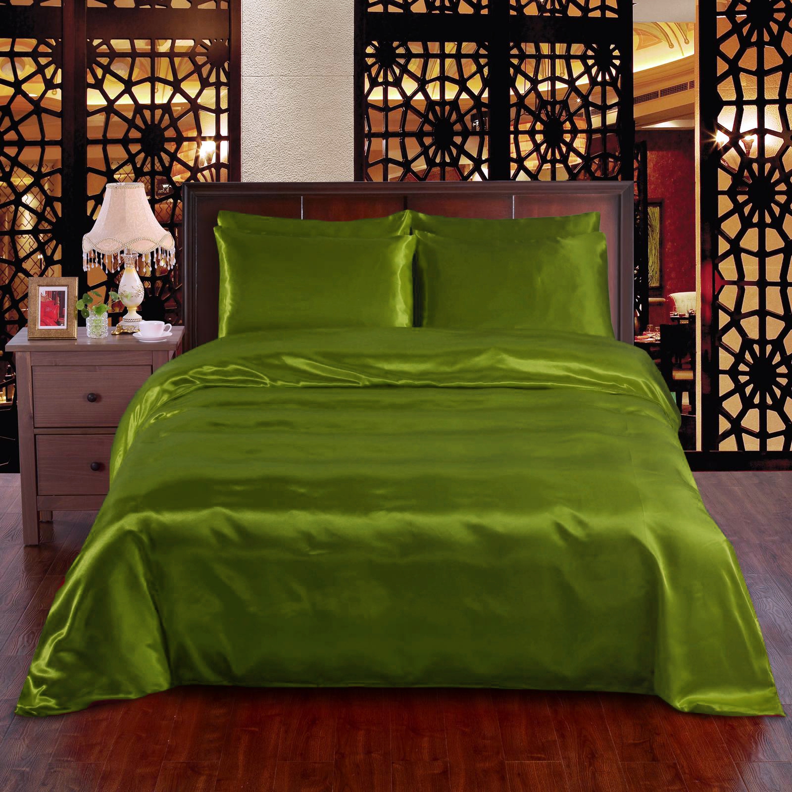Olive 6pc Satin Panel Super King Bed Duvet Quilt Cover Set