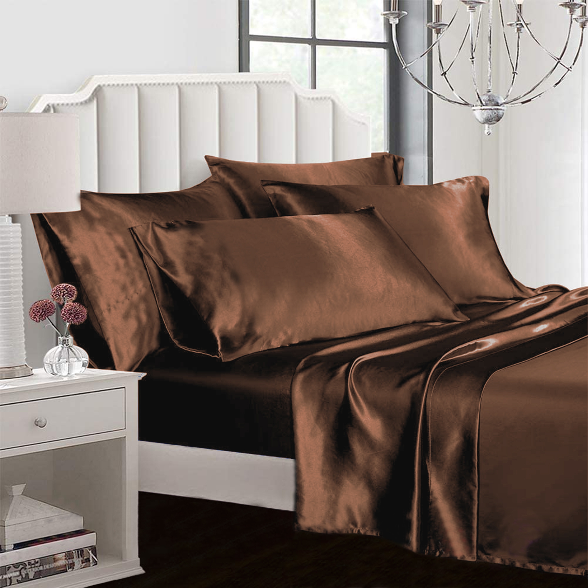 Chocolate 6pc Satin Panel King Bed Duvet Quilt Cover Set