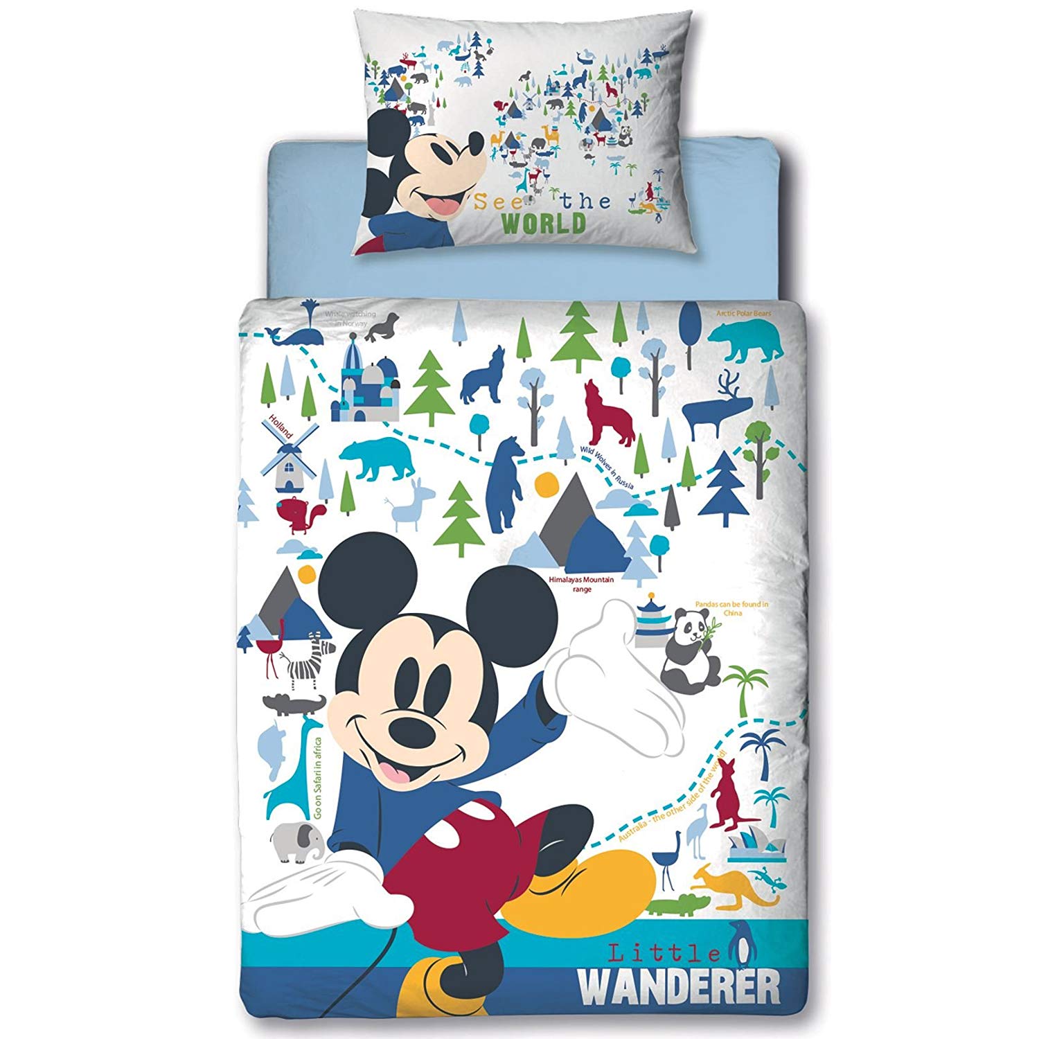 Disney Mickey Mouse Little Wanderer Panel Junior Cot Bed Duvet Quilt Cover Set