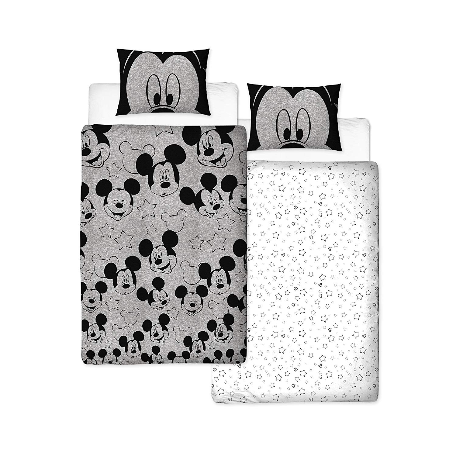 Disney Mickey Mouse Grey & White Stars Silhouette Rotary Single Bed Duvet Quilt Cover Set