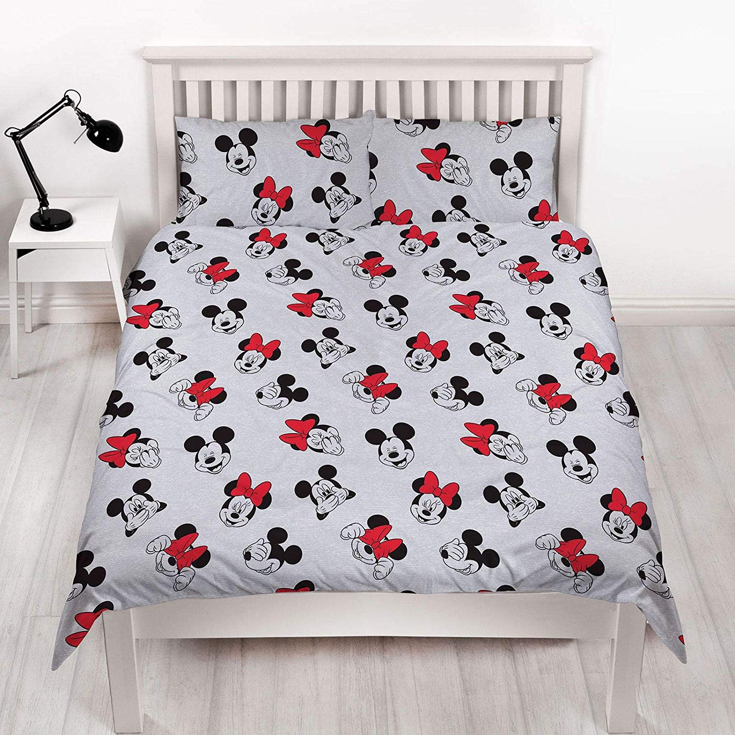 Mickey & Minnie Mouse Heart Love and Kisses Xoxo Reversible Grey Panel Double Bed Duvet Quilt Cover