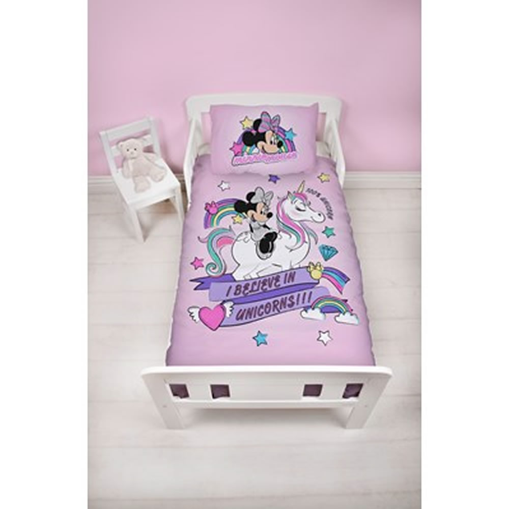 Disney Minnie Mouse I Believe In Unicorns !!! Panel Junior Cot Bed Duvet Quilt Cover Set