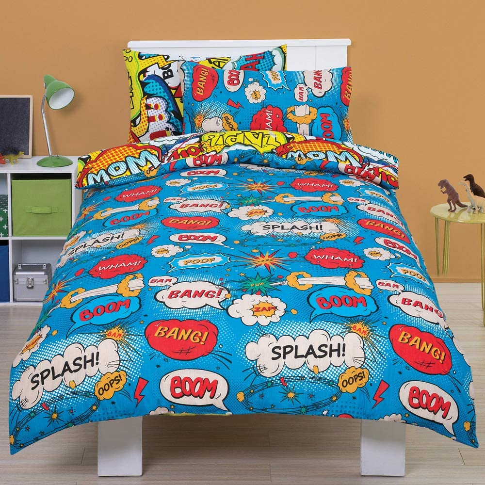 Comic 'Bang' Blue Reversible Rotary Double Bed Duvet Quilt Cover Set