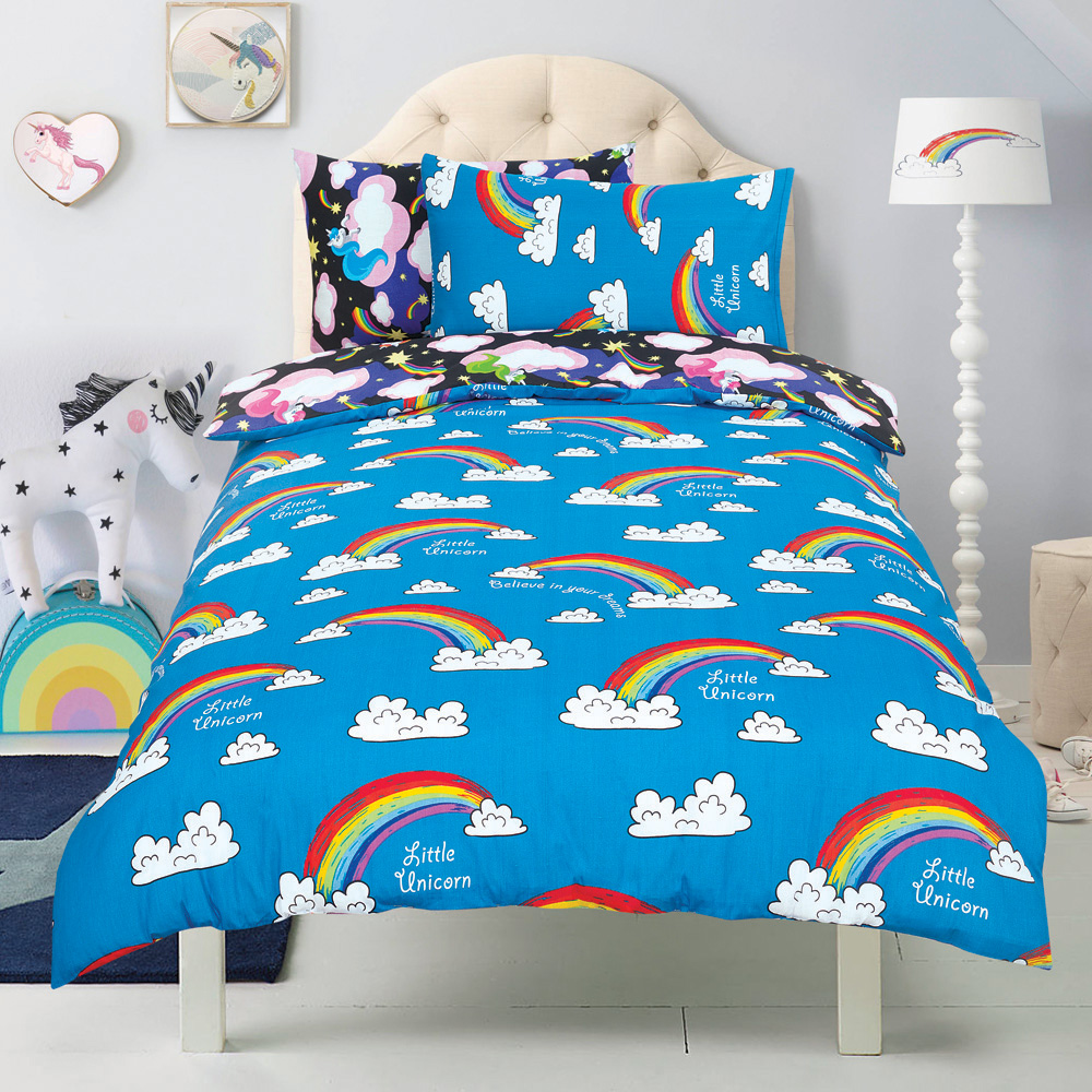 Unicorn 'Believe In Your Dreams' Black Reversible Rotary Single Bed Duvet Quilt Cover Set