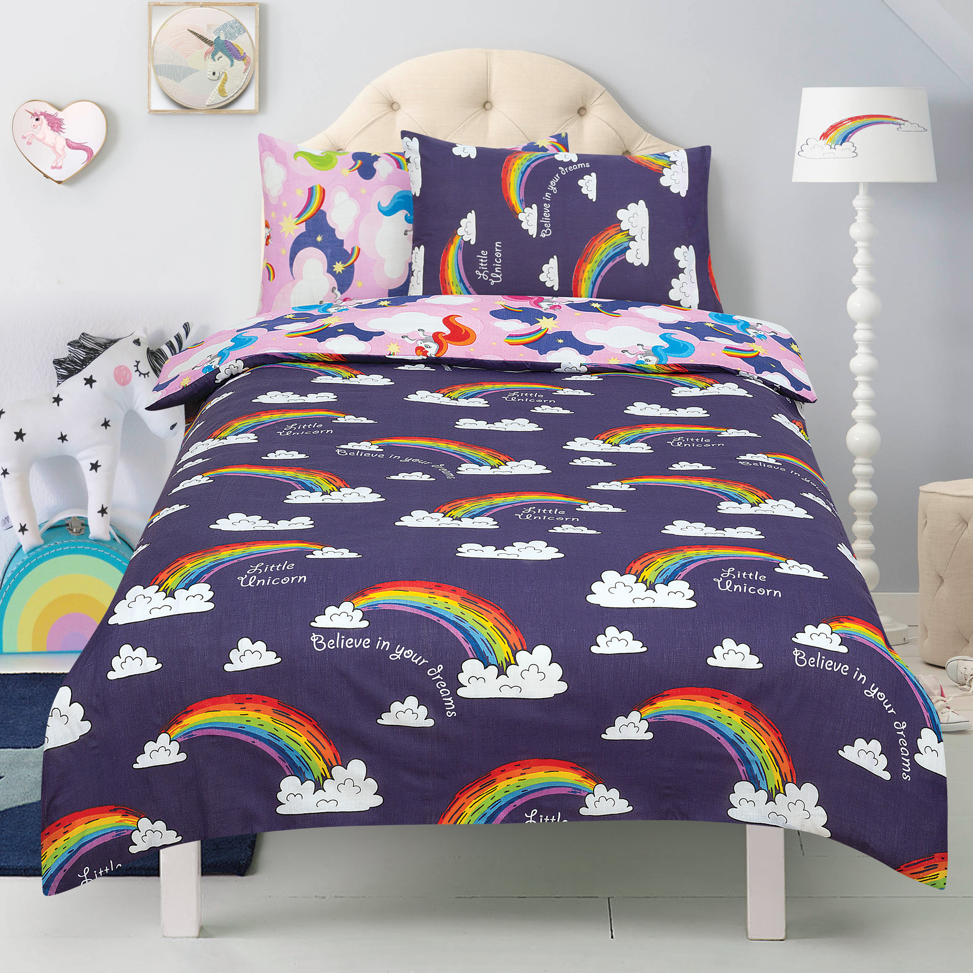 Unicorn 'Believe In Your Dreams' Baby Pink Reversible Purple Rotary Double Bed Duvet Quilt Cover Se