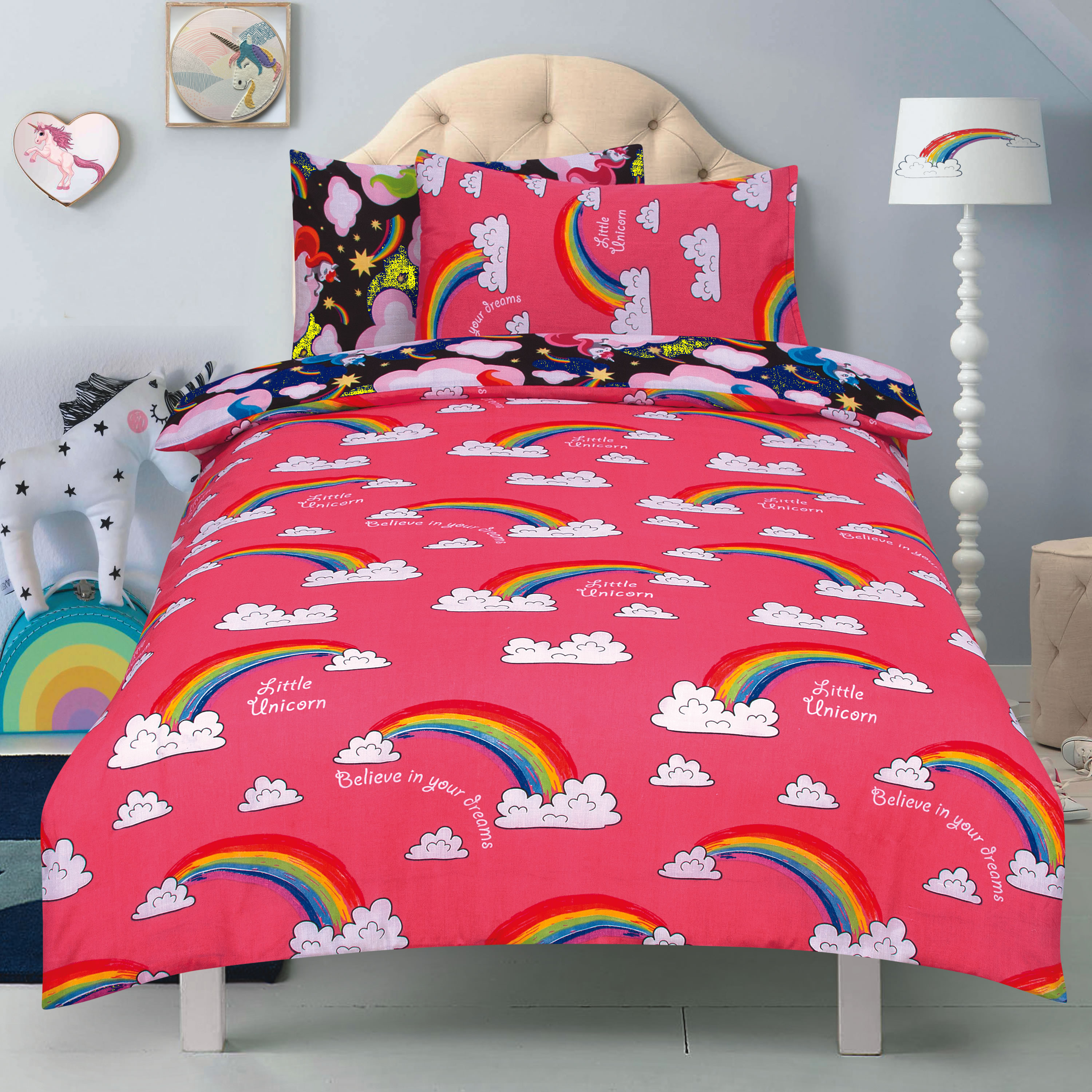Unicorn ' Believe In Your Dreams Black Reversible Pink Rotary Single Bed Duvet Quilt Cover Set