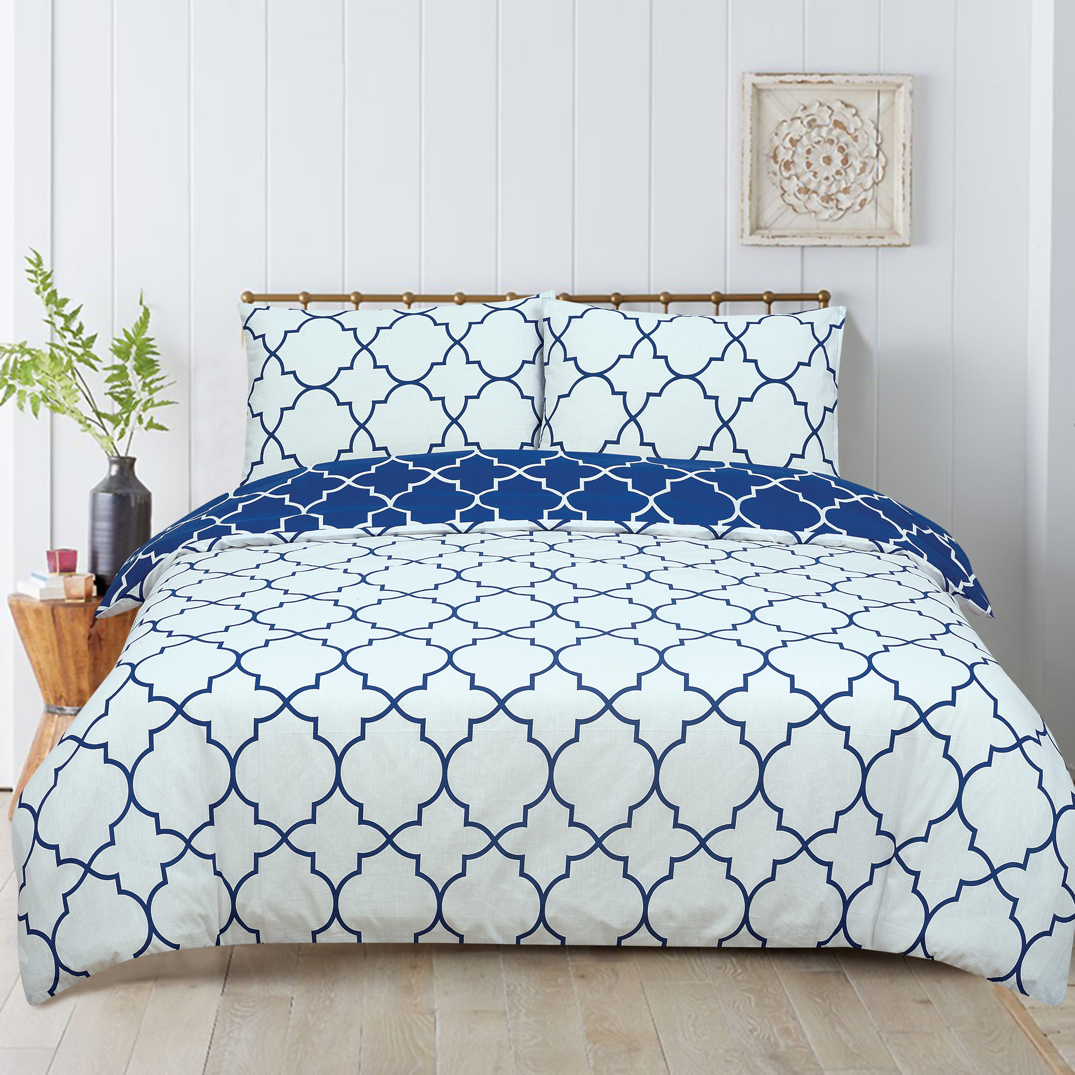 Morrocan Blue Reversible Rotary King Bed Duvet Quilt Cover Set
