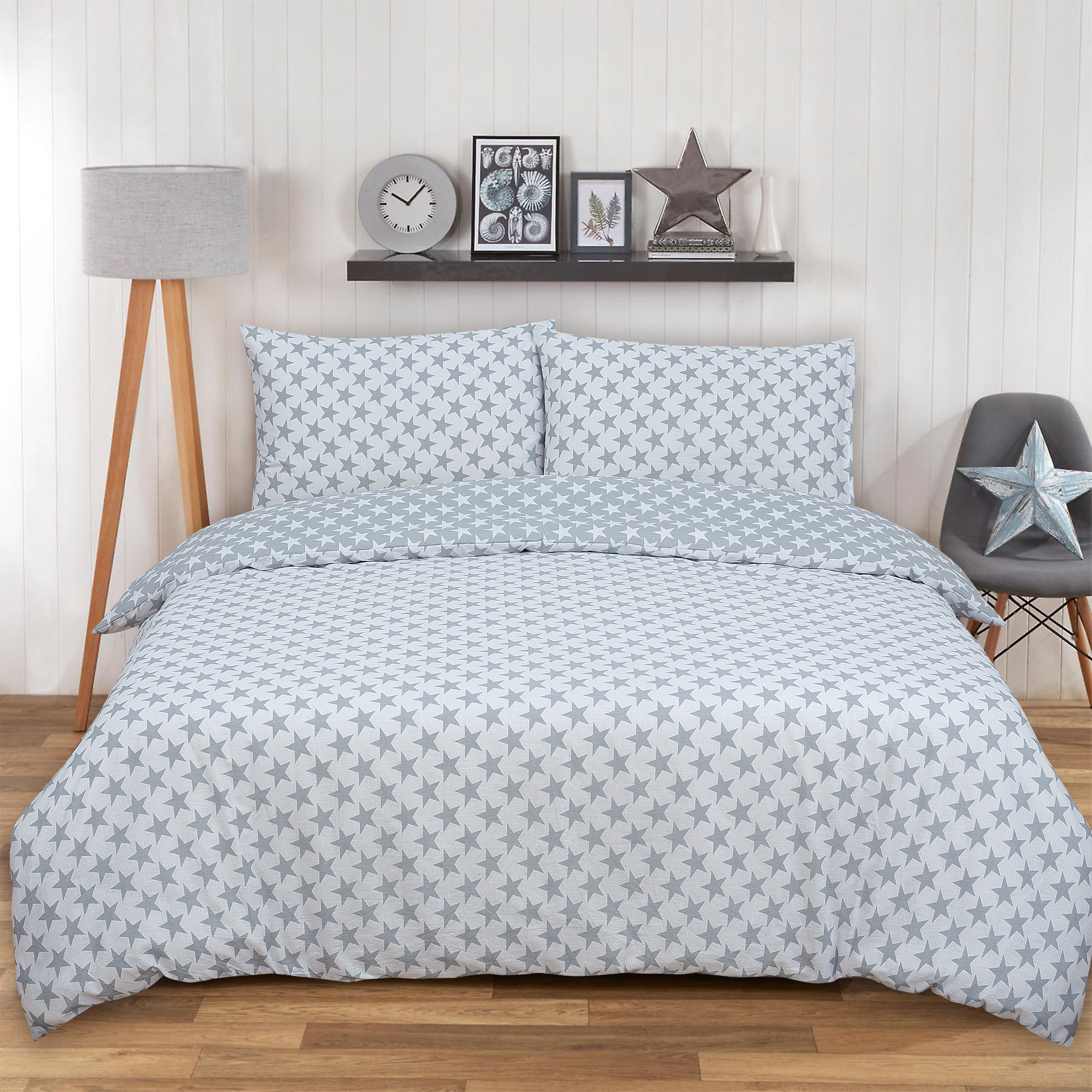 Stars Grey Reversible Rotary Single Bed Duvet Quilt Cover Set
